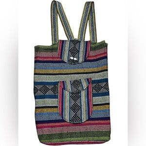 Backpack Mexican Woven Canvas Drawstring, Beach Bag